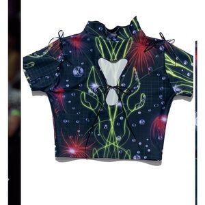 New Cosmic Factory Obsidian Bubble Graphic Women's Top Tie Velvet Crop